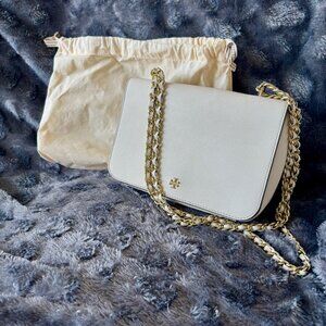 Authentic Tory Burch Gold Strap White/Pearl Leather Crossbody Bag with Dust Bag